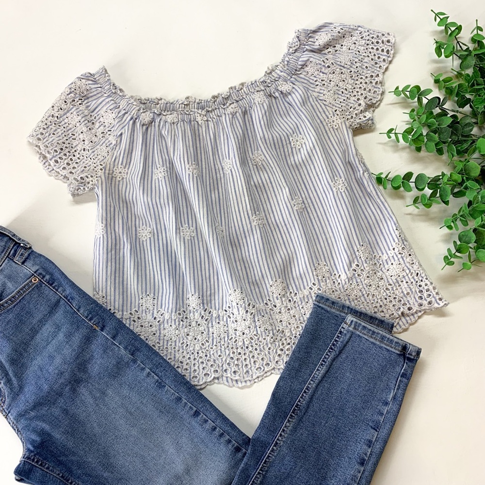 Hollister Pinstripe Off The Shoulder Eyelet, Scalloped, Embroidery, 100% Cotton
